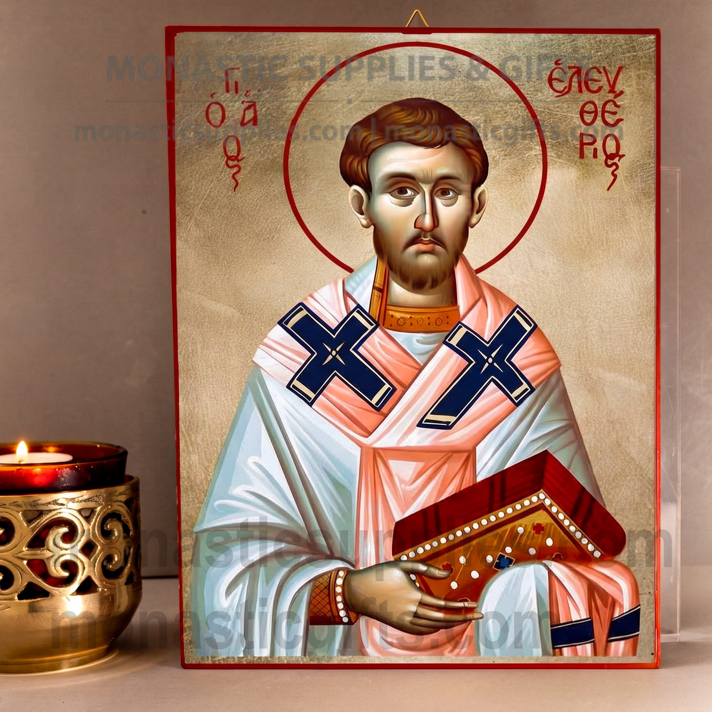 Handcrafted Orthodox gold leaf canvas icon of Saint Eleftherios on solid wooden panel