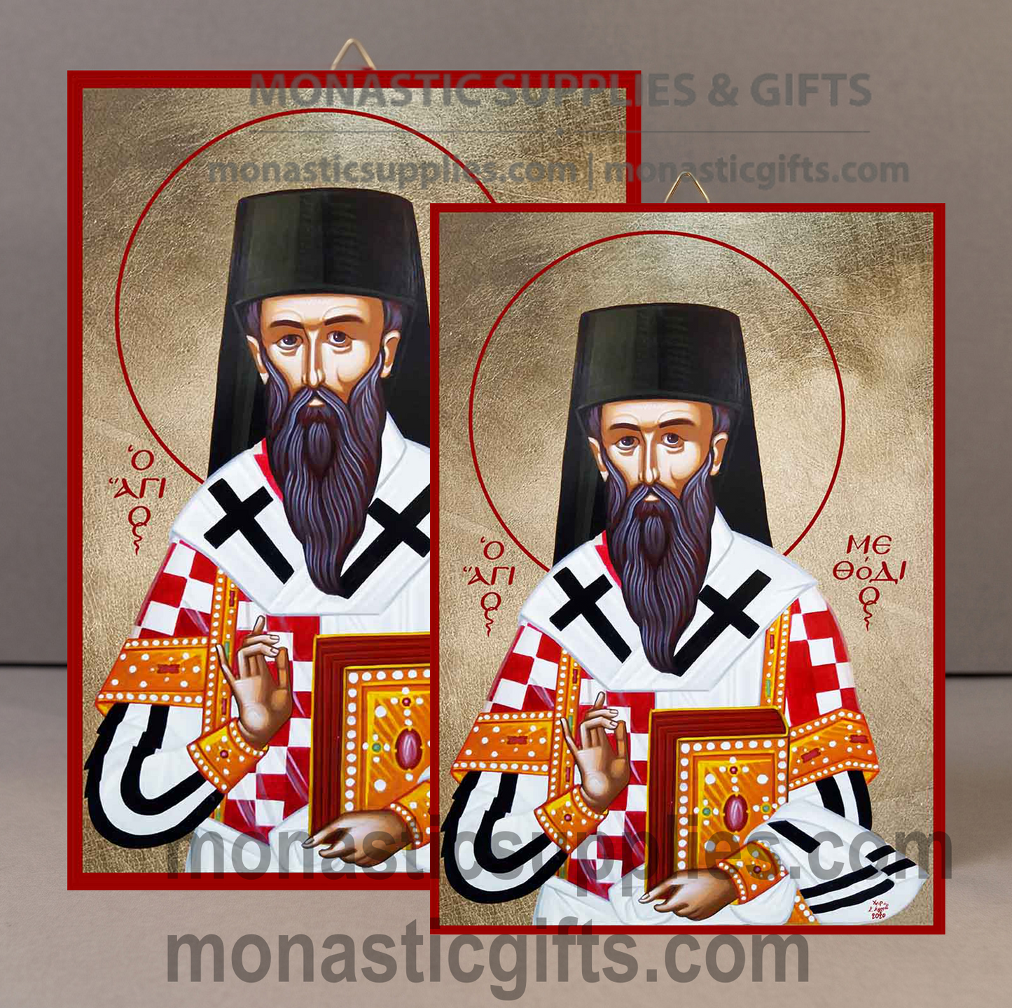 Handcrafted Orthodox gold leaf canvas icon of Saint Methodius patron of educators and scholars on solid wooden panel