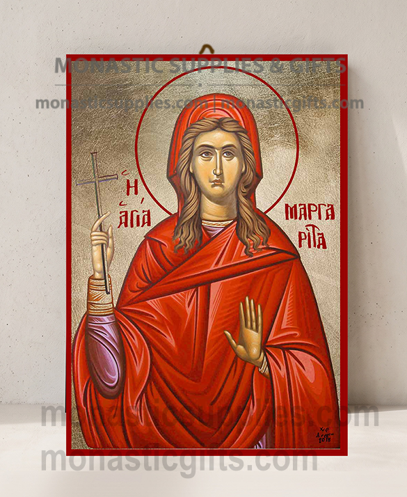 Handcrafted Orthodox gold leaf canvas icon of Saint Margaret the Great Martyr on solid wooden panel