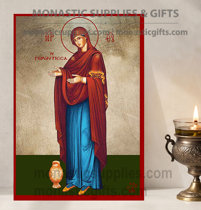 Handcrafted Orthodox gold leaf canvas icon of Virgin Mary the Eldress Theotokos Gerontissa on solid wooden panel