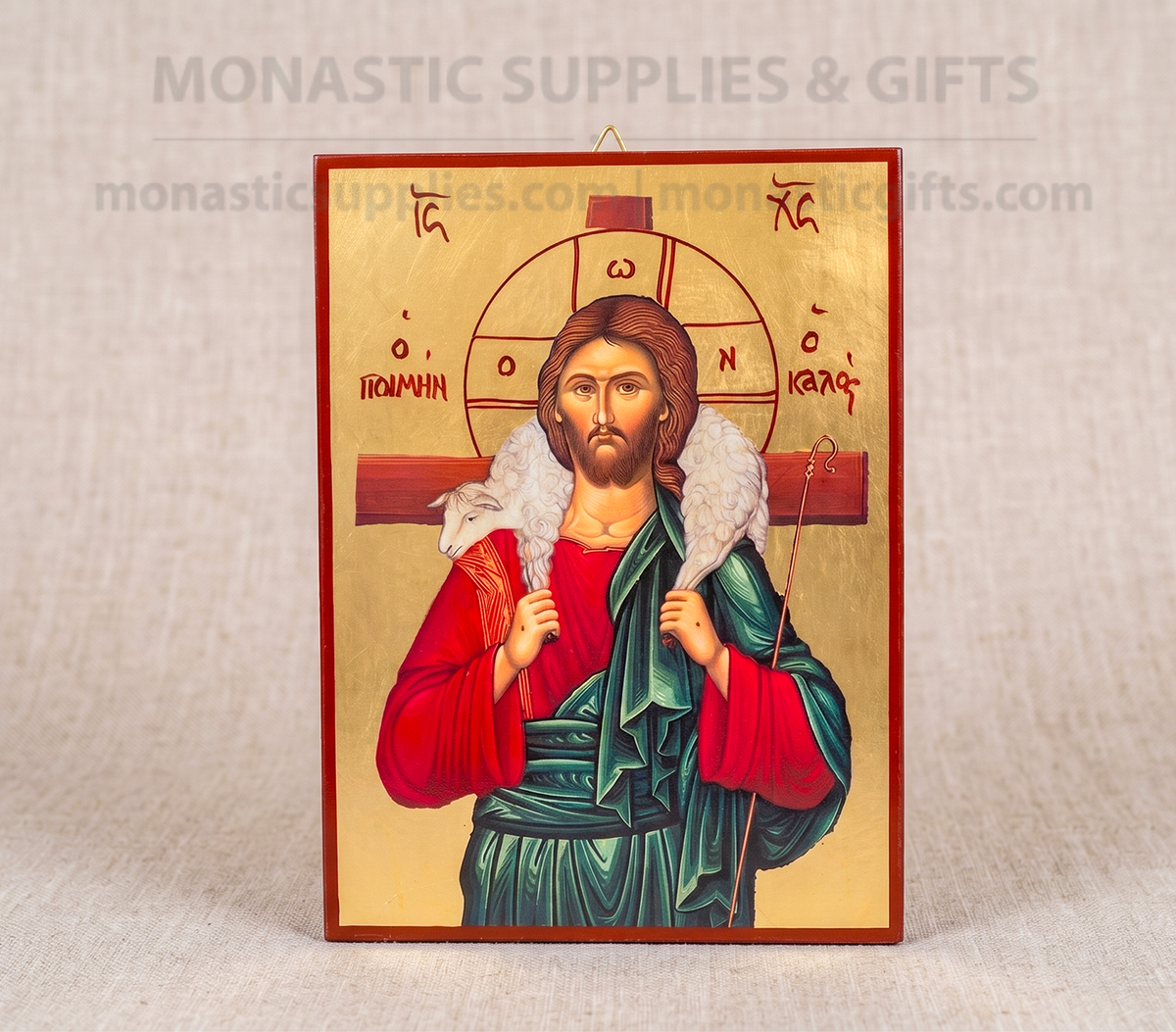 Jesus Christ the Good Shepherd handcrafted Byzantine Orthodox icon with gold leaf finish on wooden plaque made in Greece