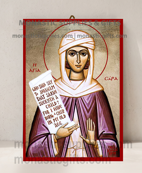 Handcrafted Orthodox gold leaf canvas icon of Saint Sarah the Righteous on solid wooden panel