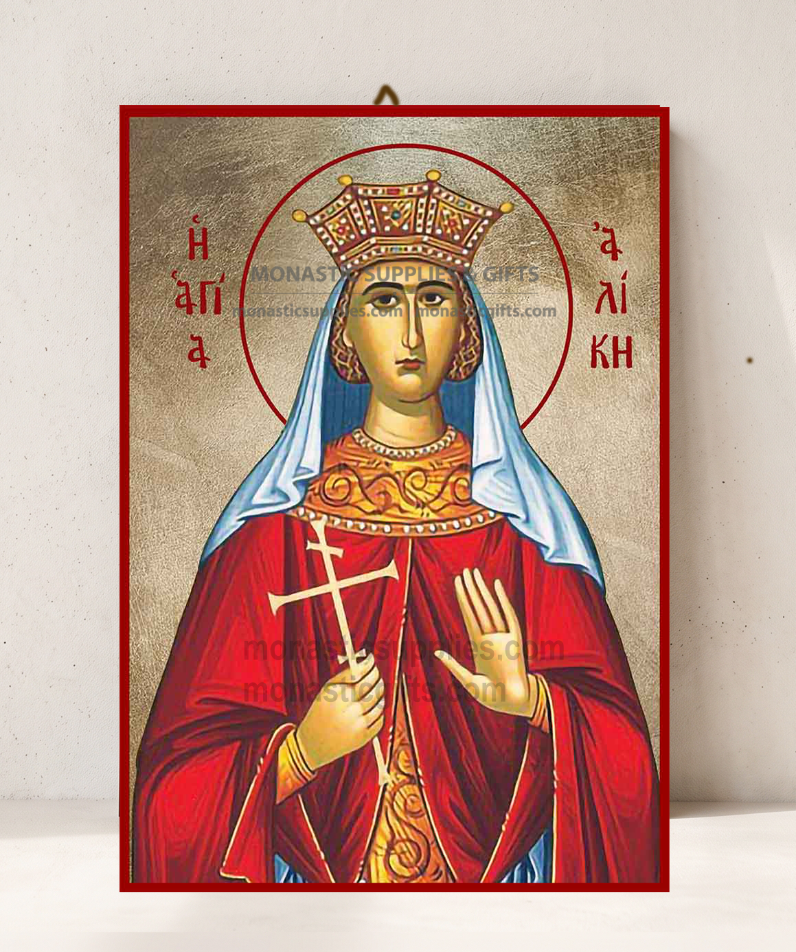 Handcrafted Orthodox gold leaf canvas icon of Saint Alice on solid wooden panel