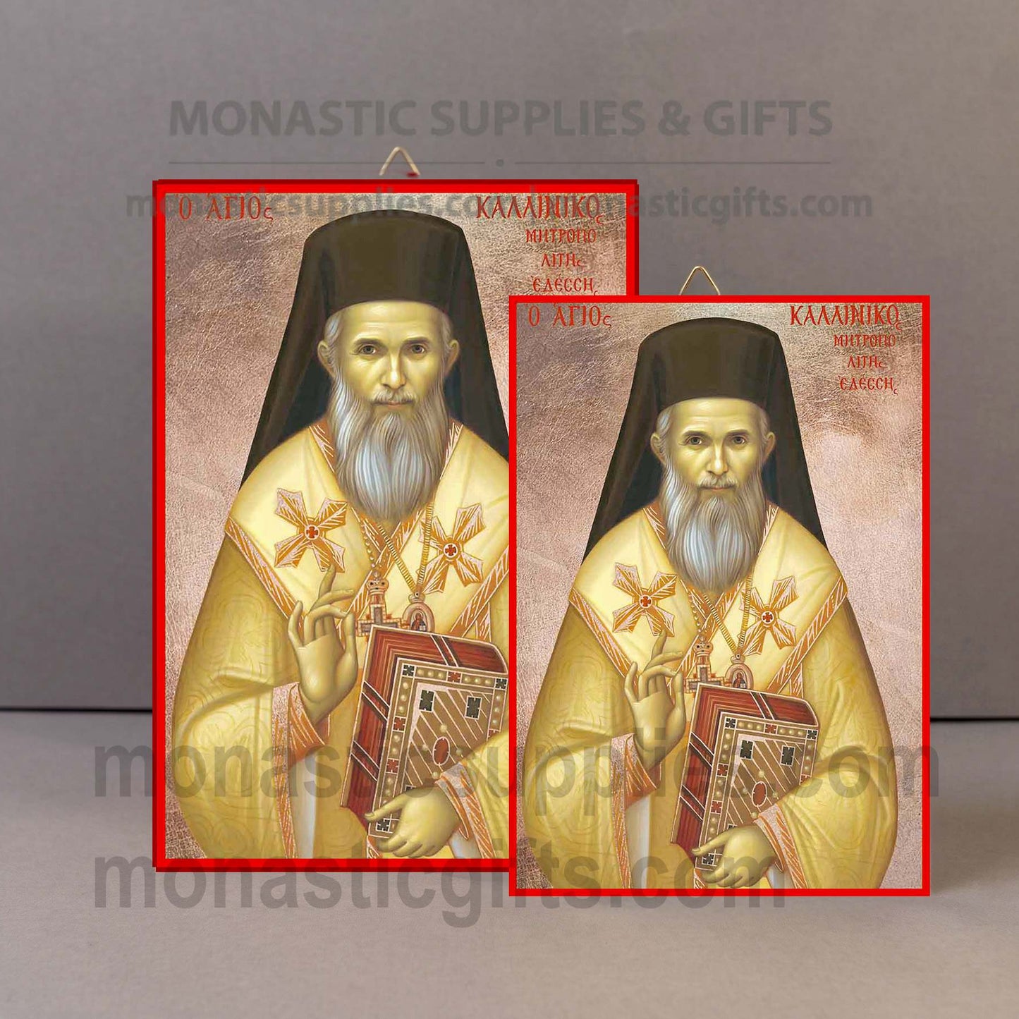 Handcrafted Orthodox gold leaf canvas icon of Saint Kallinikos on solid wooden panel