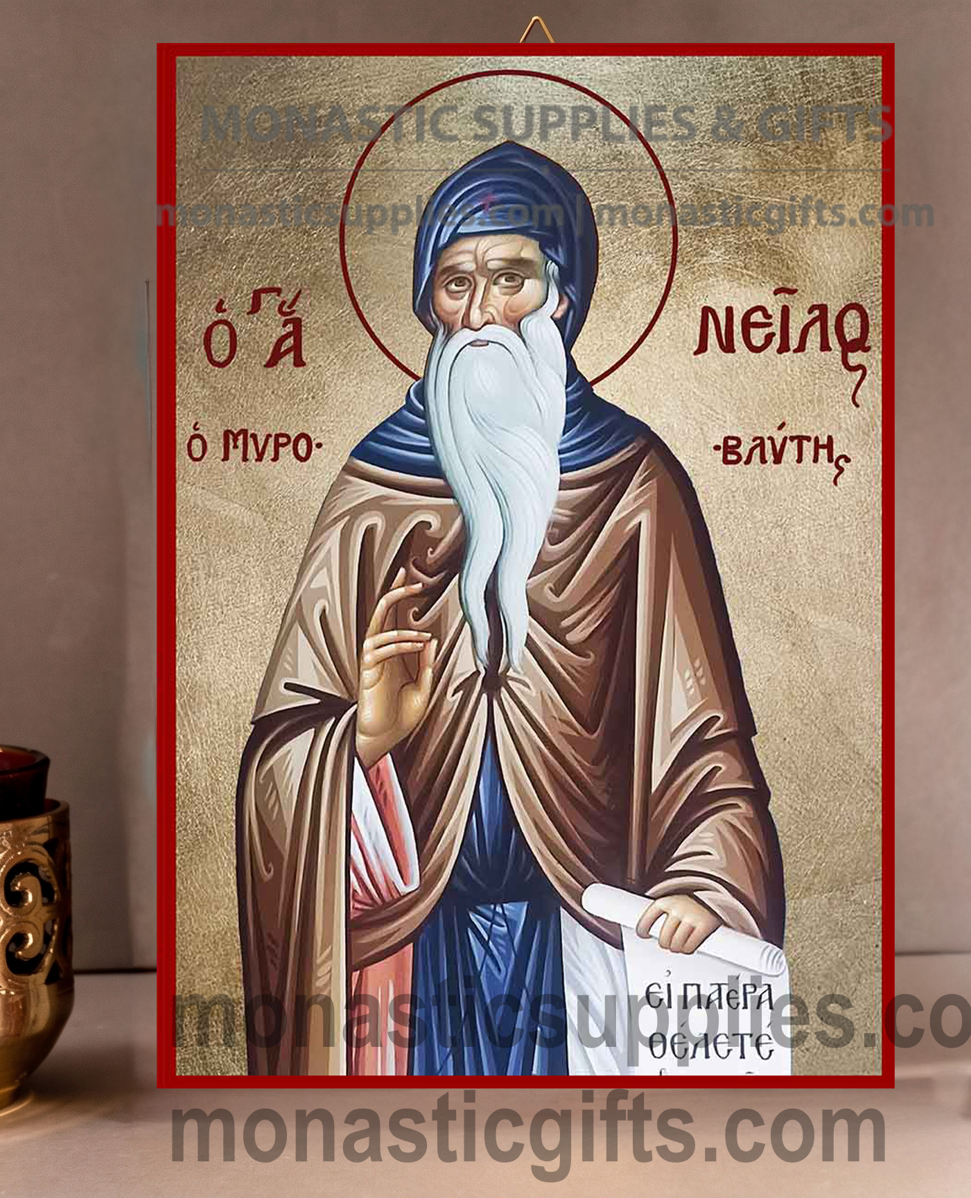 Handcrafted Orthodox gold leaf canvas icon of Saint Nilus patron of ascetics and spiritual guidance on solid wooden panel