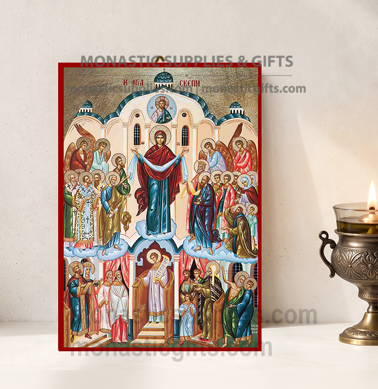 The Protection of the Theotokos (Agia Skepi / Pokrov) Orthodox Icon - Patron & Celestial Protection Against Visible and Invisible Enemies, Calamities & Adversity - Handcrafted Gold Leaf Canvas Byzantine Wooden Panel Icon with Certificate