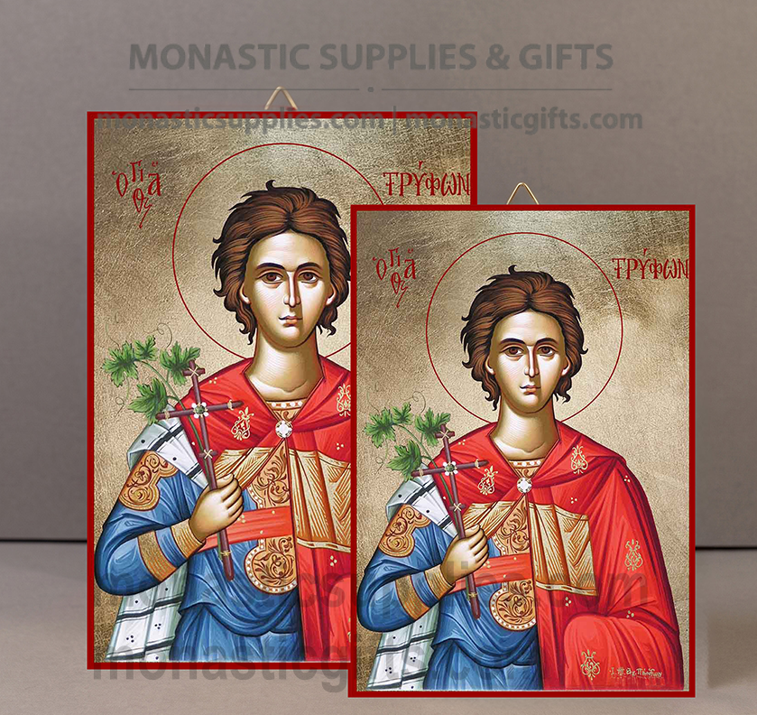 Handcrafted Orthodox gold leaf canvas icon of Saint Tryphon the Martyr patron of gardeners and winegrowers on solid wooden panel