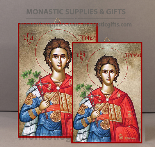 Handcrafted Orthodox gold leaf canvas icon of Saint Tryphon the Martyr patron of gardeners and winegrowers on solid wooden panel