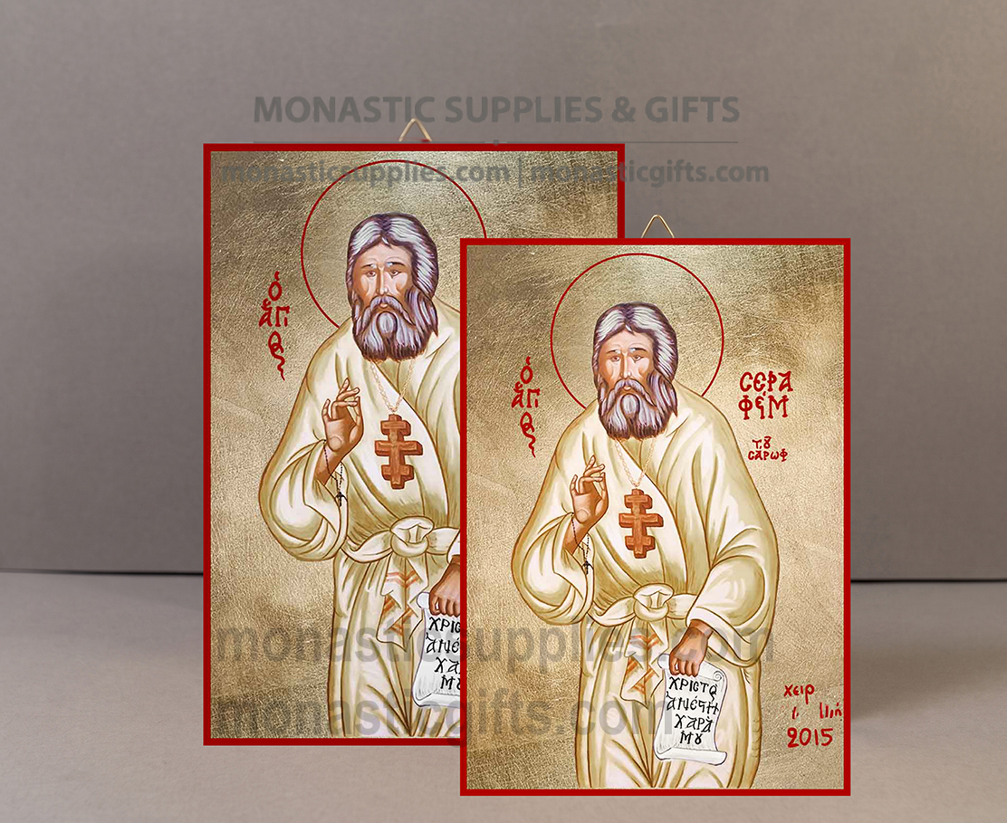 Handcrafted Orthodox gold leaf canvas icon of Saint Seraphim of Sarov patron of inner peace and spiritual joy on solid wooden panel