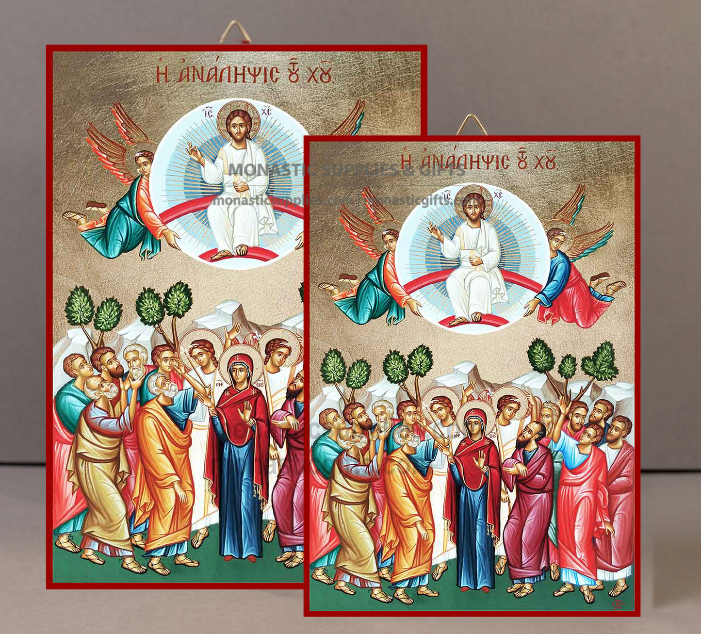 Handcrafted Orthodox gold leaf canvas icon of The Ascension of Christ with Theotokos and Apostles on solid wooden panel