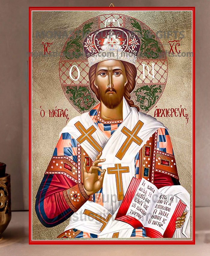 Handcrafted Orthodox gold leaf canvas icon of Christ the Great High Priest Megas Archiereus in episcopal vestments on solid wooden panel
