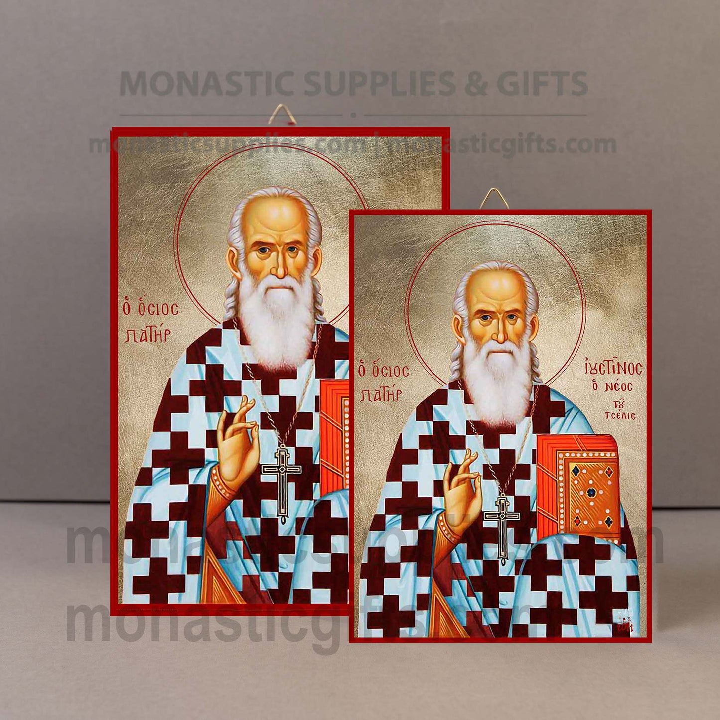 Handcrafted Orthodox gold leaf canvas icon of Saint Justin the Philosopher on solid wooden panel