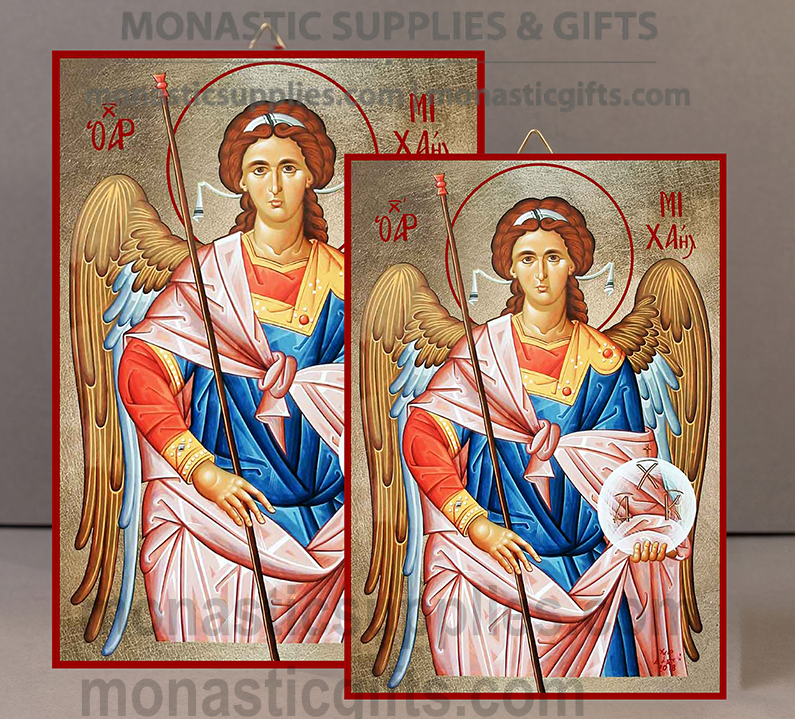 Handcrafted Orthodox gold leaf canvas icon of Archangel Michael Taxiarchis patron of the Air Force and protection on solid wooden panel