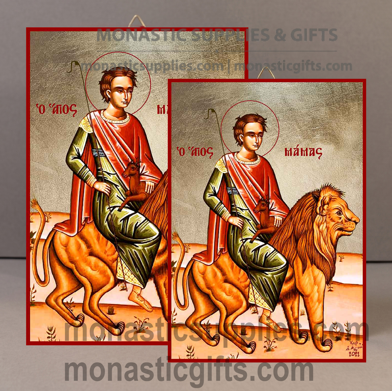 Handcrafted Orthodox gold leaf canvas icon of Saint Mamas patron of shepherds and animals on solid wooden panel