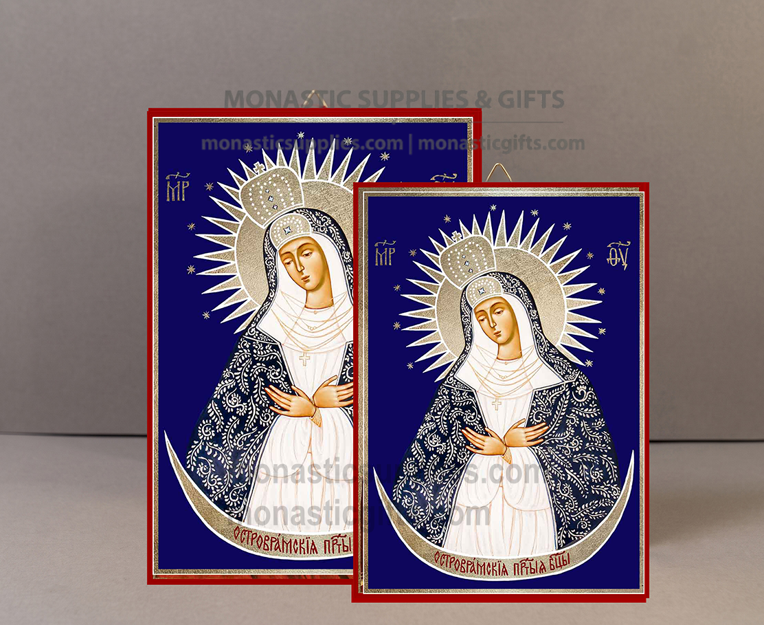 Handcrafted Orthodox gold leaf canvas icon of the Virgin Mary of the Gate of Dawn Ostra Brama on solid wooden panel