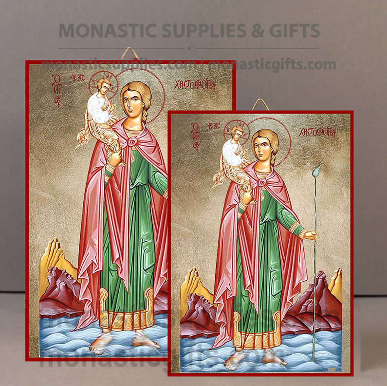 Handcrafted Orthodox gold leaf canvas icon of Saint Christopher the Martyr patron of drivers and travelers on solid wooden panel