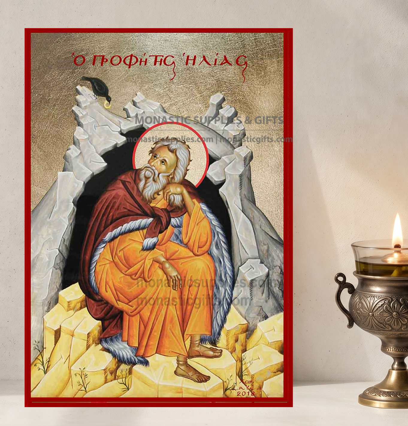 Handcrafted Orthodox gold leaf canvas icon of the Holy Prophet Elijah Elias the Tishbite on solid wooden panel
