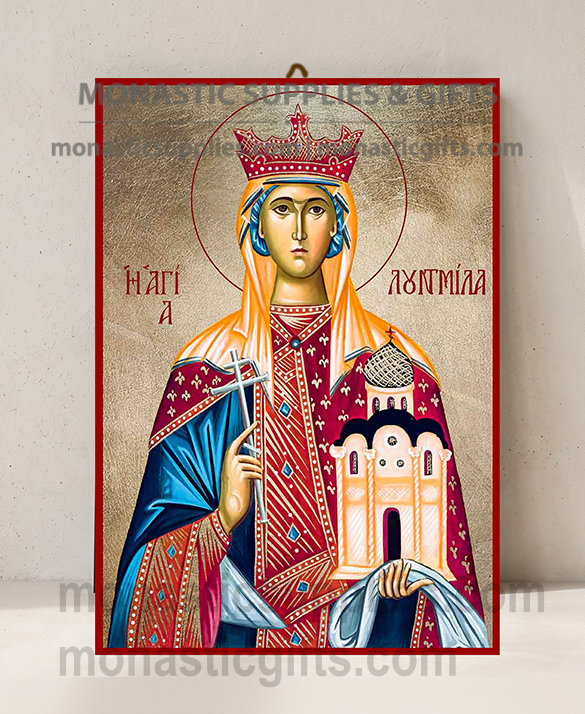 Handcrafted Orthodox gold leaf canvas icon of Saint Ludmila of Bohemia with royal crown and church on solid wooden panel