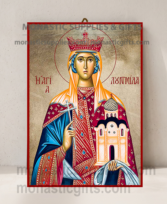 Handcrafted Orthodox gold leaf canvas icon of Saint Ludmila of Bohemia with royal crown and church on solid wooden panel