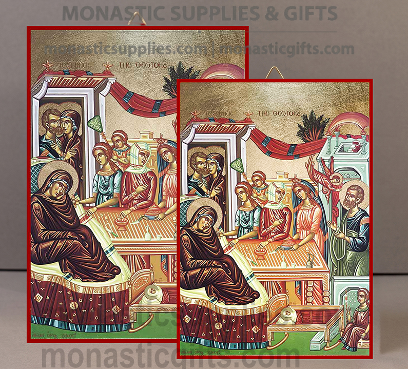 Two Byzantine-style religious icon panels showing a monastic scene, displayed on a neutral background with website watermarks. The left panel is outlined in red and partially overlaps the right panel.