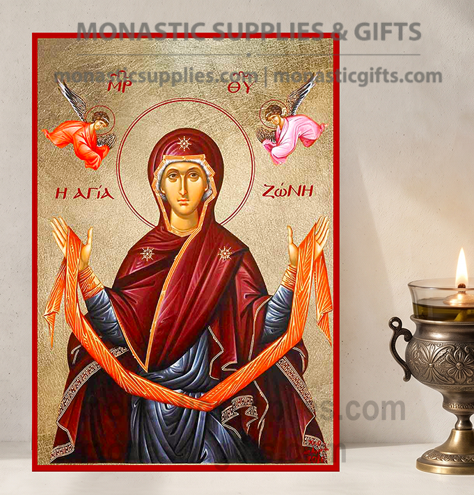 Virgin Mary of the Holy Belt (Theotokos Agia Zoni) Orthodox Icon - Patroness of Fertility, Cancer Healing & Safe Childbirth - Handcrafted Gold Leaf Canvas Byzantine Wooden Panel Icon with Certificate