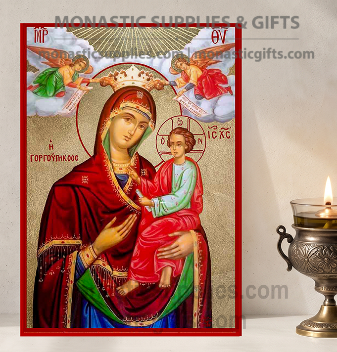 Handcrafted Orthodox gold leaf canvas icon of the Virgin Mary Quick to Hear Theotokos Gorgoepikoos on solid wooden panel