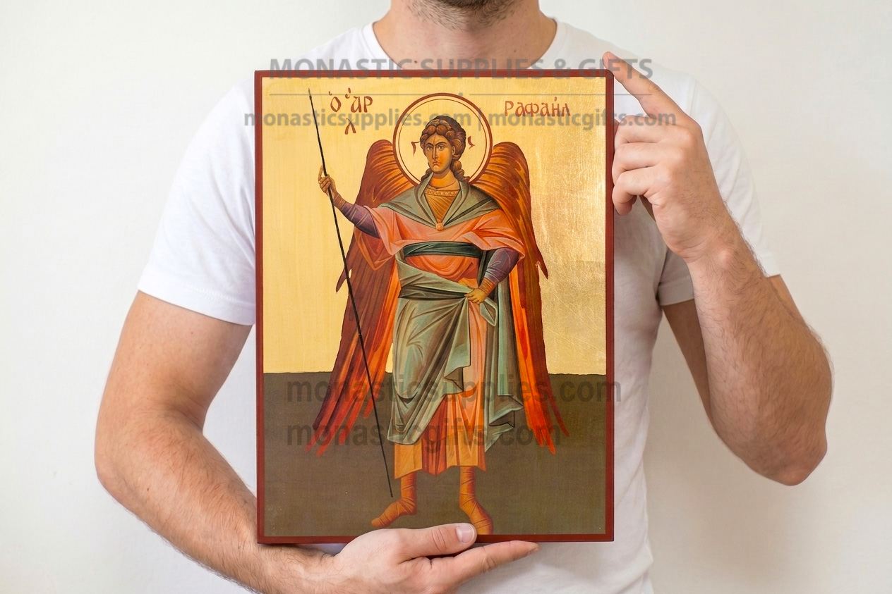Handmade Archangel Raphael Byzantine icon on genuine gold leaf and wood measuring 30x40cm (12x16in) with hand-painted details.