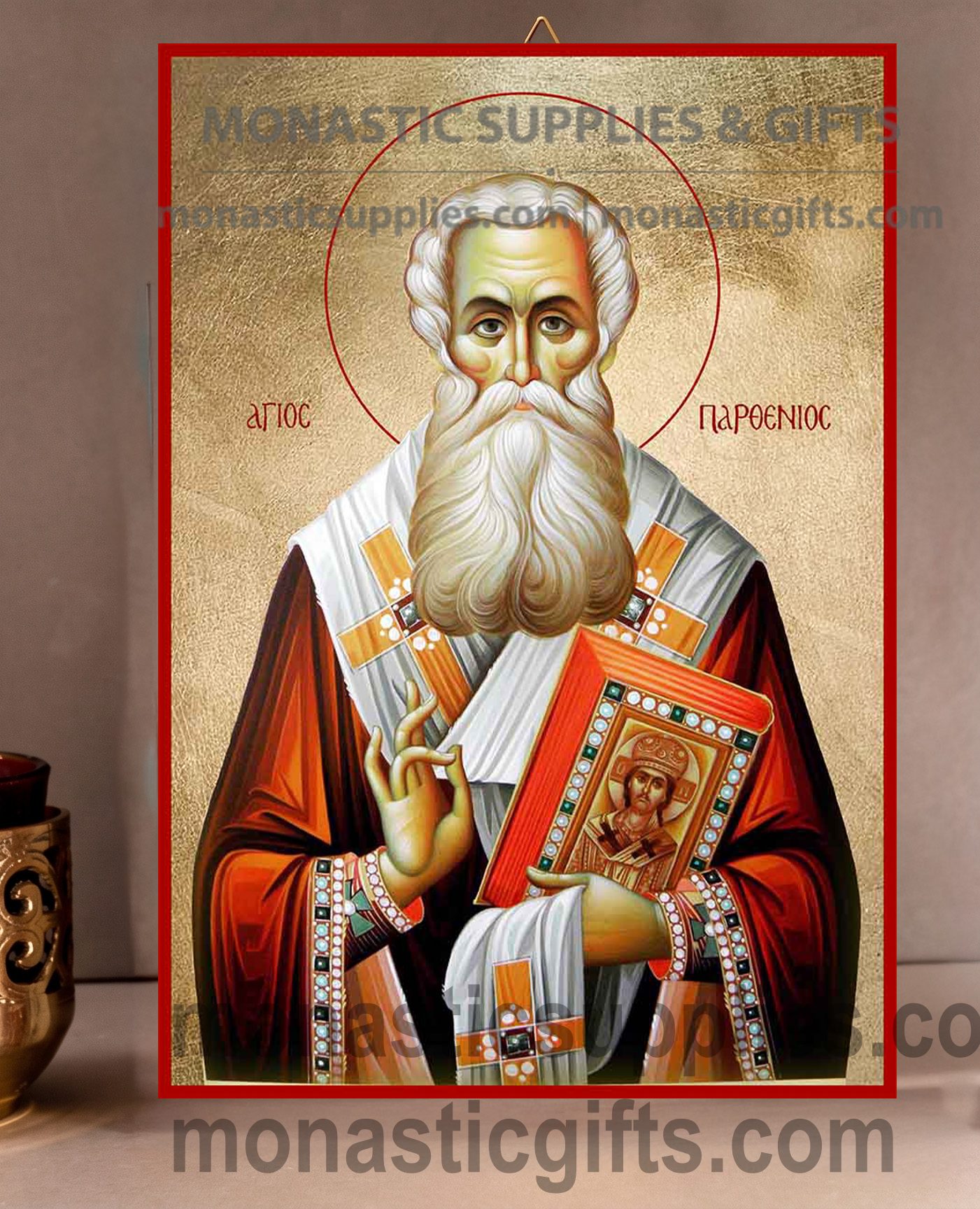 Handcrafted Orthodox gold leaf canvas icon of Saint Parthenius patron of cancer patients and healing on solid wooden panel