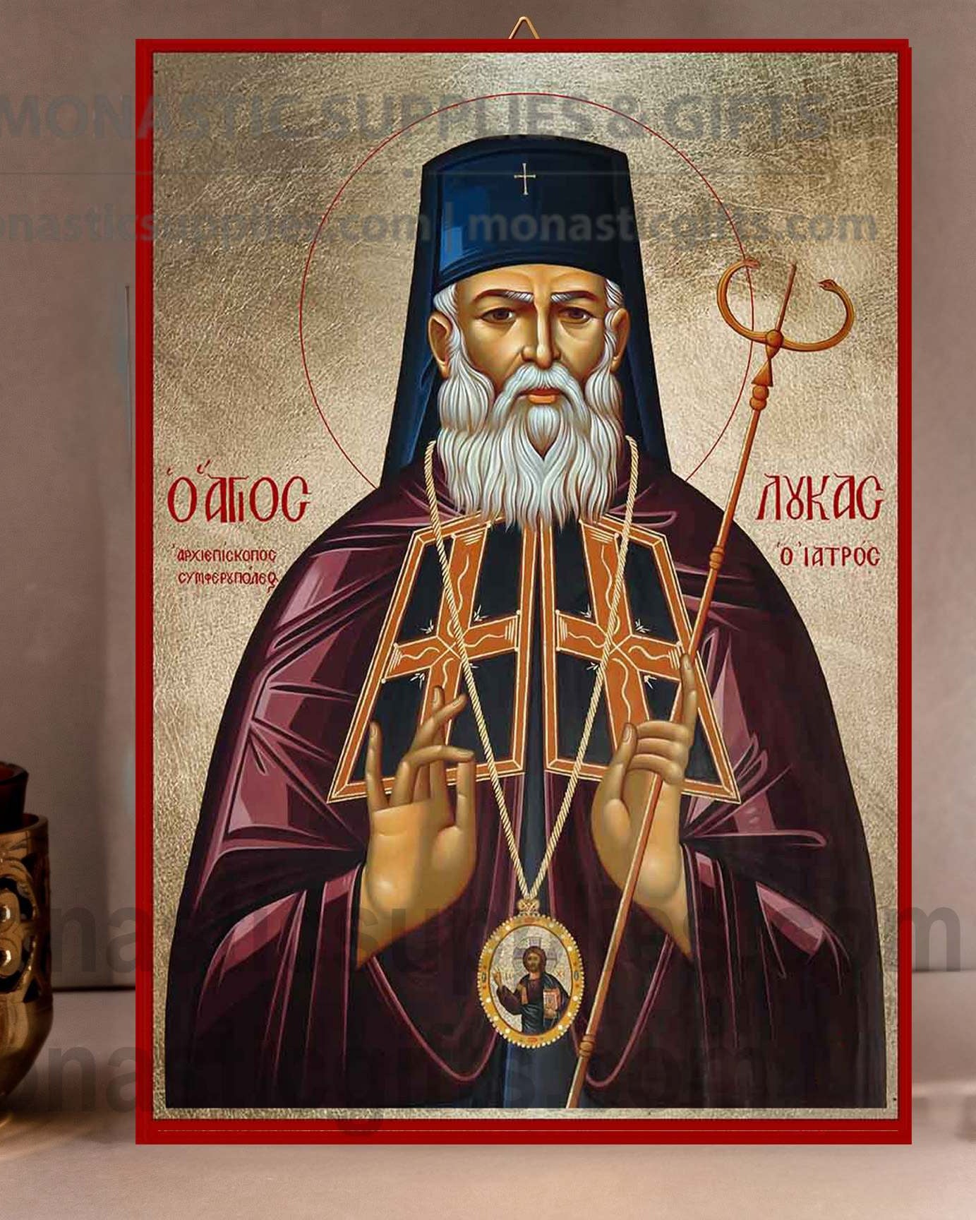 Handcrafted Orthodox gold leaf canvas icon of Saint Luke the Surgeon patron of doctors on solid wooden panel