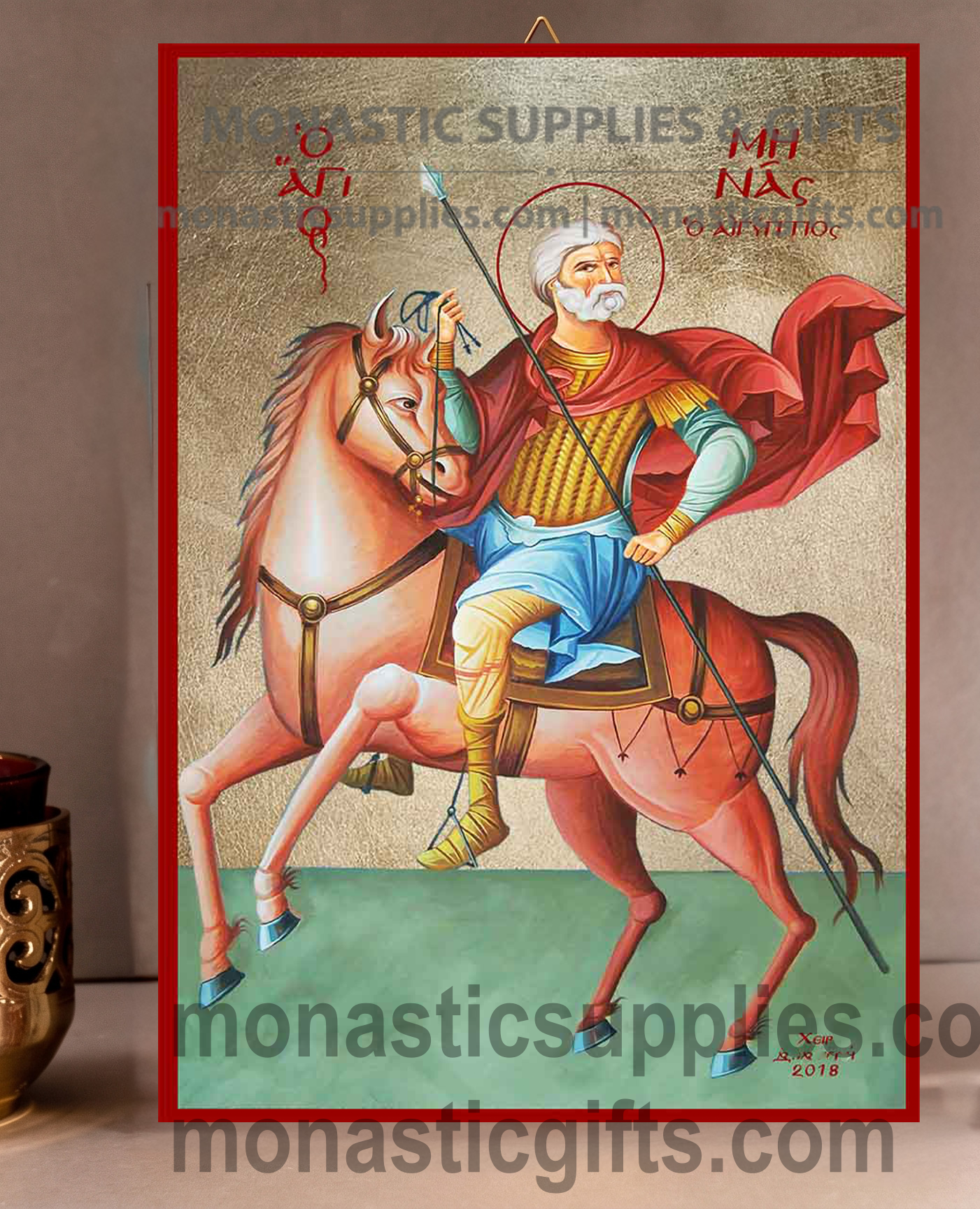 Handcrafted Orthodox gold leaf canvas icon of Saint Menas patron of lost items and travelers on solid wooden panel