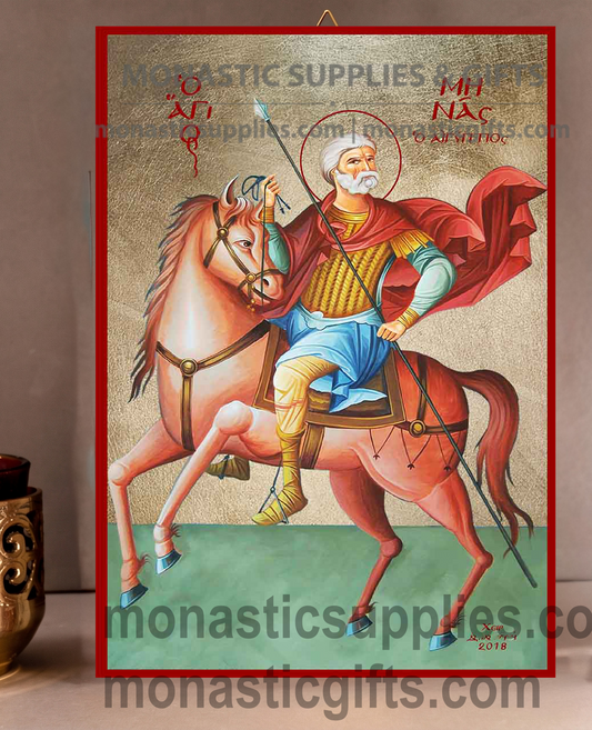 Handcrafted Orthodox gold leaf canvas icon of Saint Menas patron of lost items and travelers on solid wooden panel