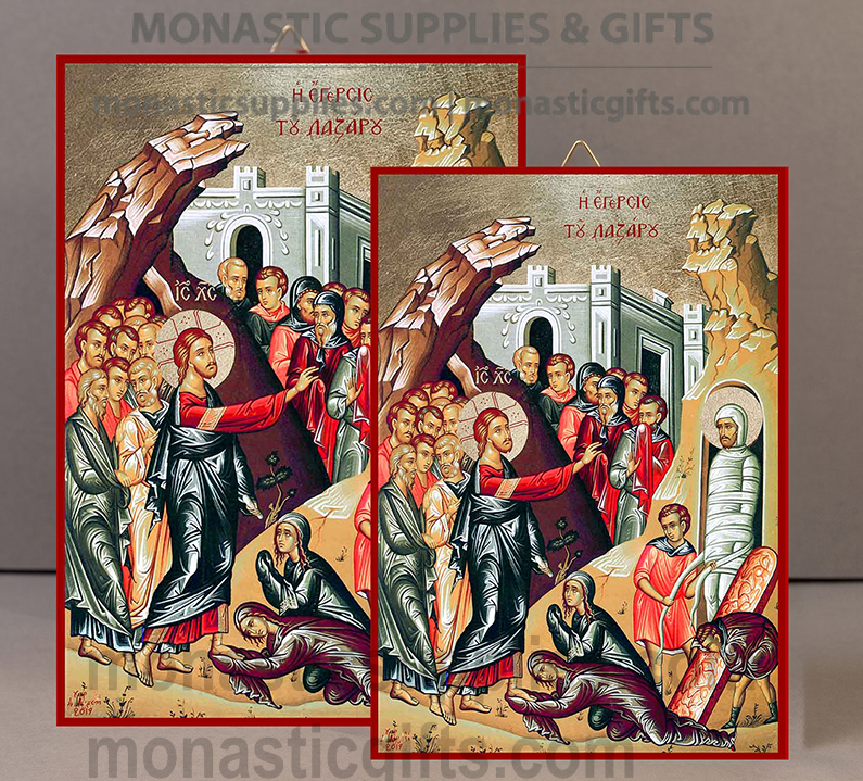 Handcrafted Orthodox gold leaf canvas icon of The Raising of Lazarus with Christ Martha and Mary on solid wooden panel