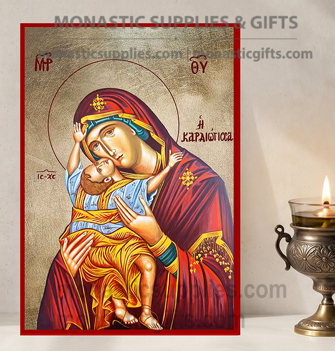 Handcrafted Orthodox gold leaf canvas icon of the Virgin Mary Kardiotissa Our Lady of Perpetual Help on solid wooden panel