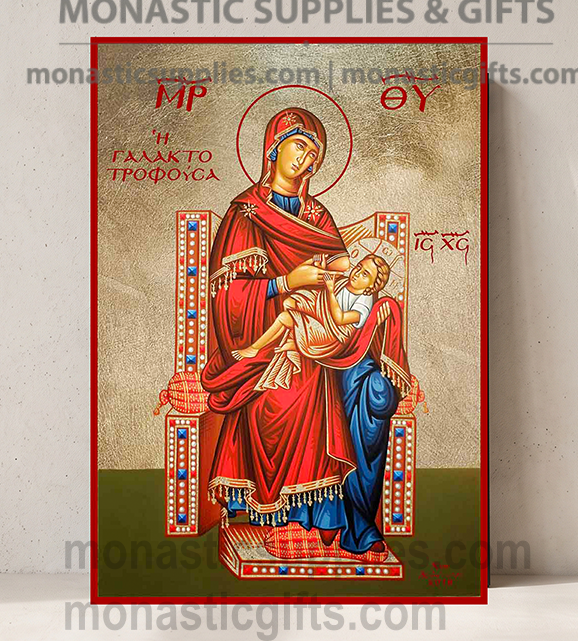 Handcrafted Orthodox gold leaf canvas icon of the Virgin Mary Galaktotrophousa Nursing Mother of God on solid wooden panel