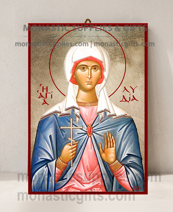 Handcrafted Orthodox gold leaf canvas icon of Saint Lydia of Philippi Equal to the Apostles on solid wooden panel