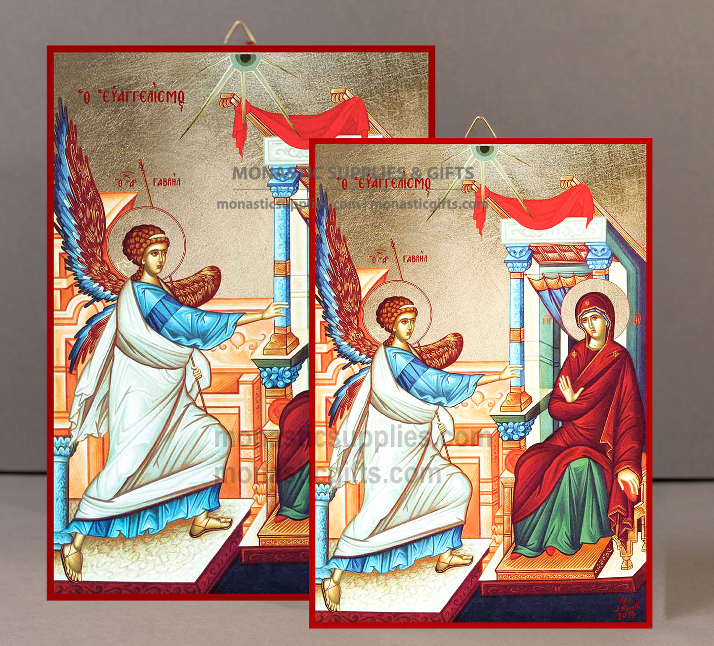 Handcrafted Orthodox gold leaf canvas icon of The Annunciation of the Theotokos Evangelismos with Archangel Gabriel on solid wooden panel