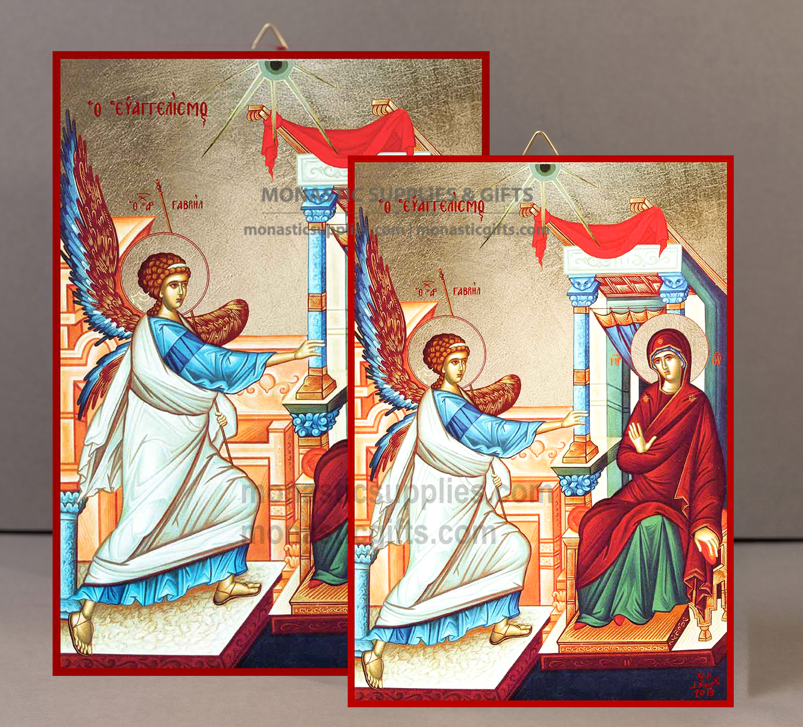 Handcrafted Orthodox gold leaf canvas icon of The Annunciation of the Theotokos Evangelismos with Archangel Gabriel on solid wooden panel