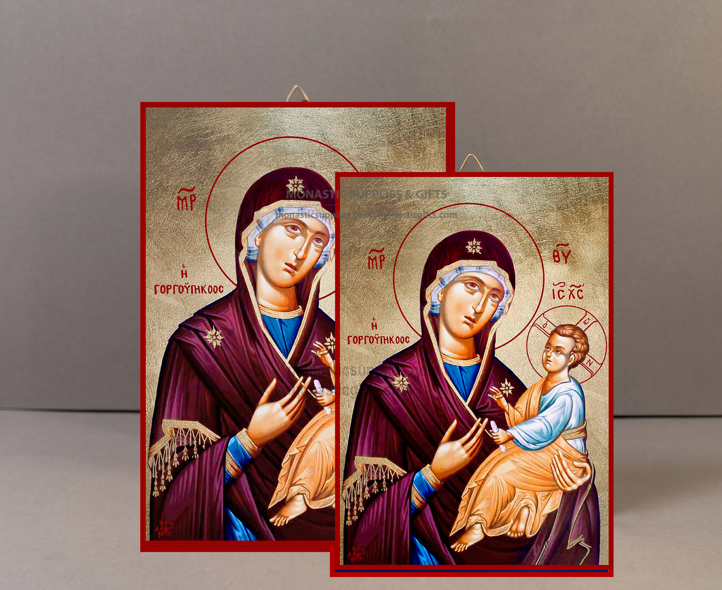 Handcrafted Orthodox gold leaf canvas icon of the Virgin Mary Quick to Hear Theotokos Gorgoepikoos on solid wooden panel