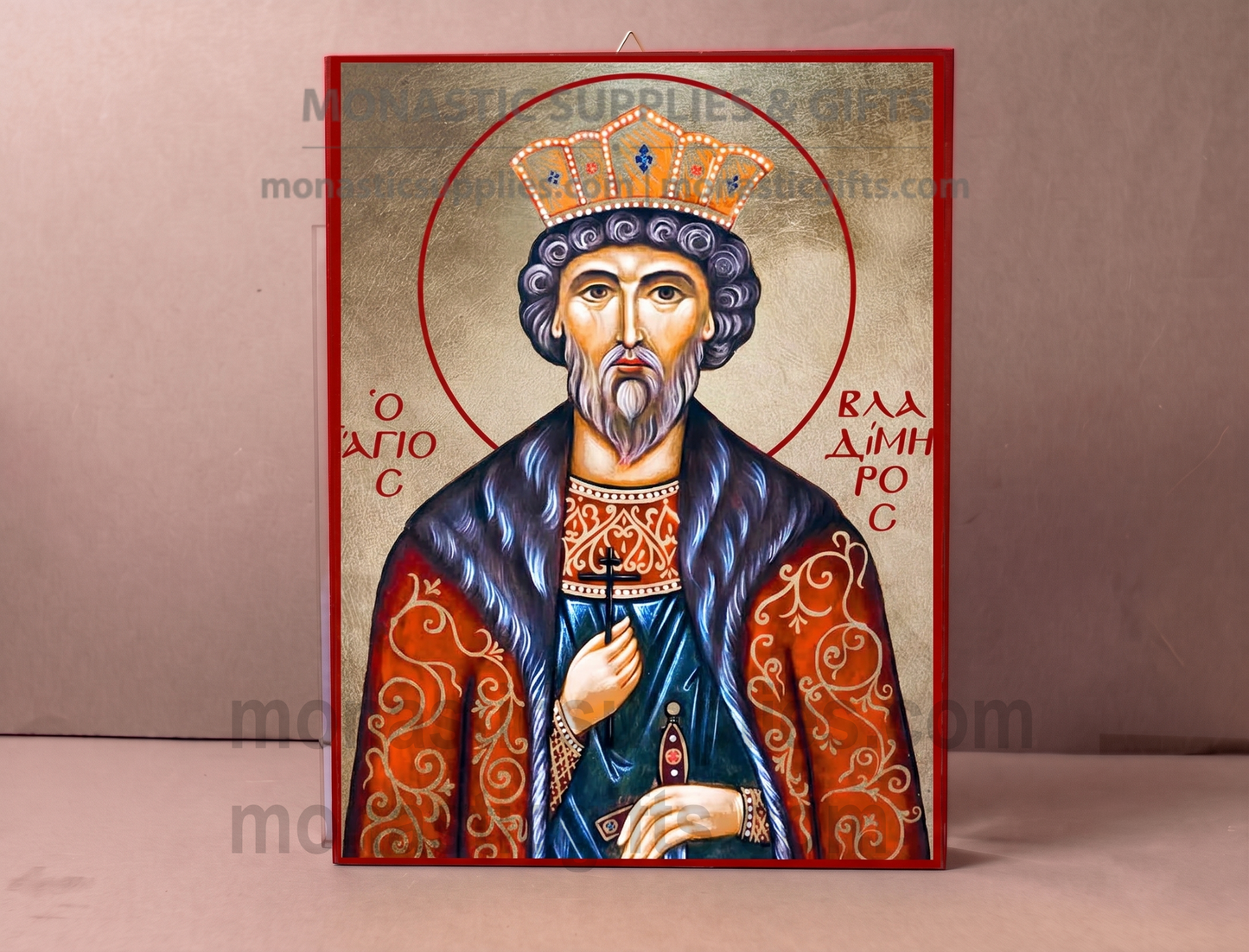 Handcrafted Orthodox gold leaf canvas icon of Saint Vladimir Equal-to-the-Apostles on solid wooden panel
