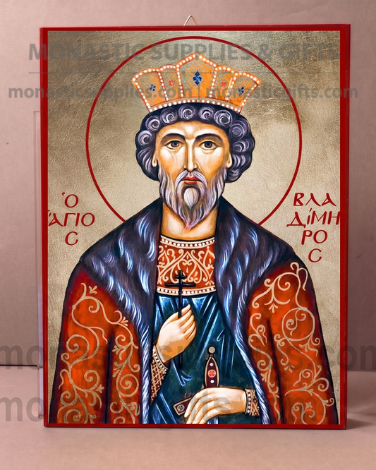 Handcrafted Orthodox gold leaf canvas icon of Saint Vladimir Equal-to-the-Apostles on solid wooden panel