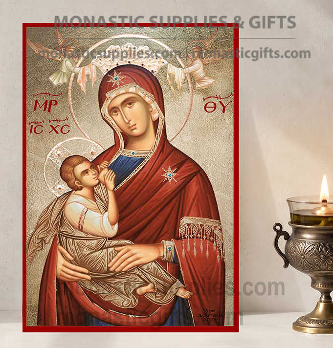 Handcrafted Orthodox gold leaf canvas icon of the Virgin Mary Galaktotrophousa Nursing Mother of God on solid wooden panel