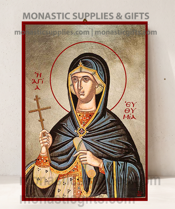 Handcrafted Orthodox gold leaf canvas icon of Saint Euphemia the Great Martyr on solid wooden panel