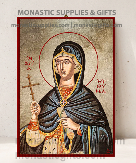Handcrafted Orthodox gold leaf canvas icon of Saint Euphemia the Great Martyr on solid wooden panel
