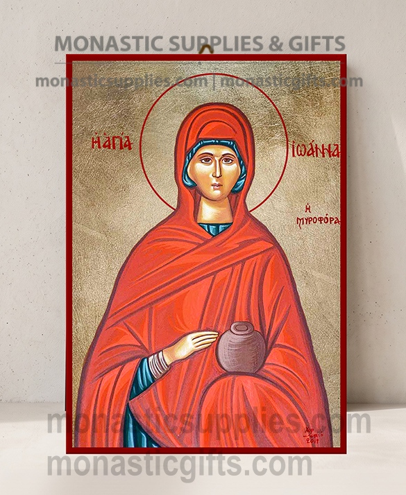 Handcrafted Orthodox gold leaf canvas icon of Saint Joanna the Myrrhbearer on solid wooden panel