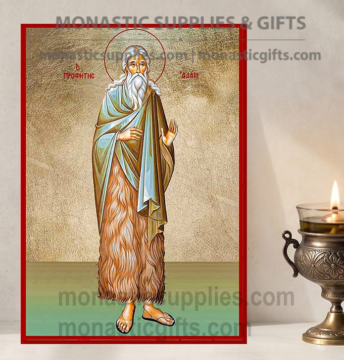 Handcrafted Orthodox gold leaf canvas icon of Holy Forefather and Prophet Adam in prayer on solid wooden panel