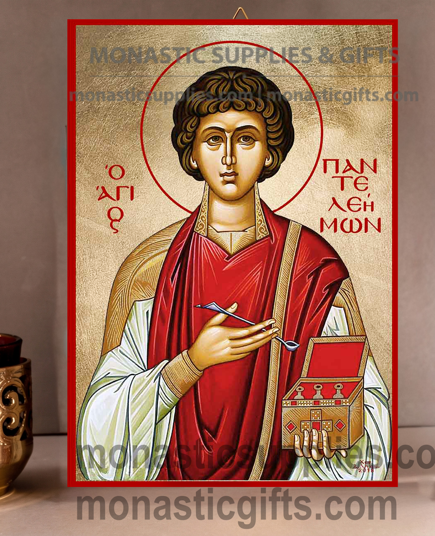 Handcrafted Orthodox gold leaf canvas icon of Saint Panteleimon the Healer patron of physicians and the sick on solid wooden panel
