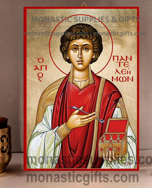 Handcrafted Orthodox gold leaf canvas icon of Saint Panteleimon the Healer patron of physicians and the sick on solid wooden panel