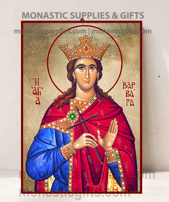 Handcrafted Orthodox gold leaf canvas icon of Saint Barbara the Great Martyr on solid wooden panel