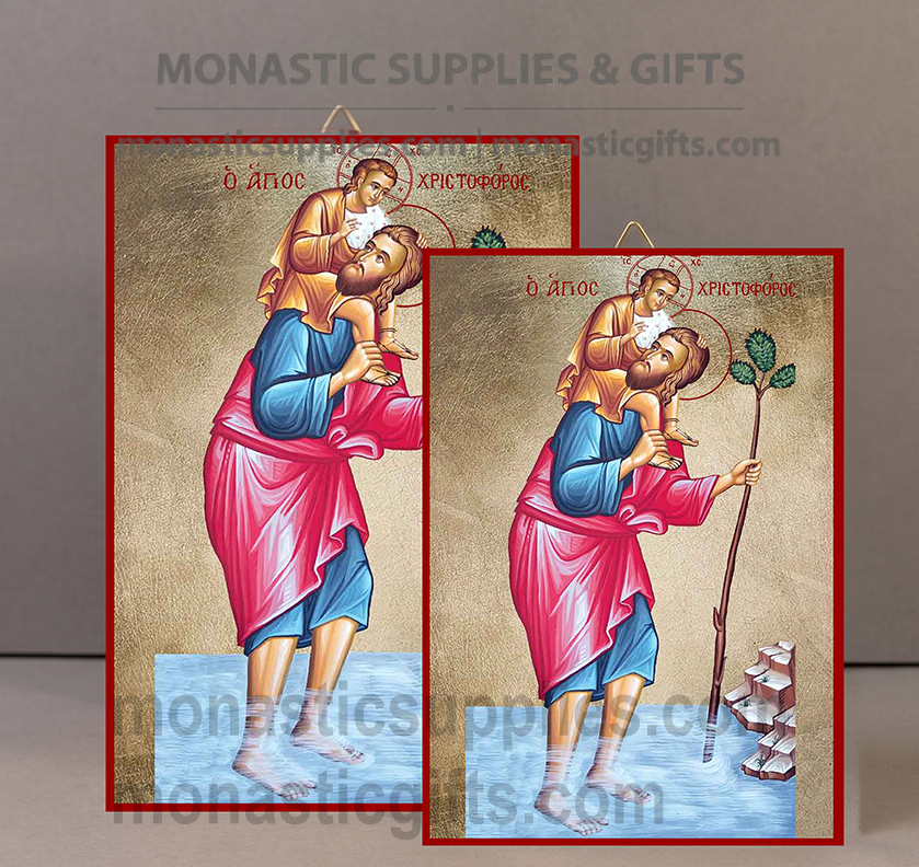 Handcrafted Orthodox gold leaf canvas icon of Saint Christopher the Martyr patron of drivers and travelers on solid wooden panel