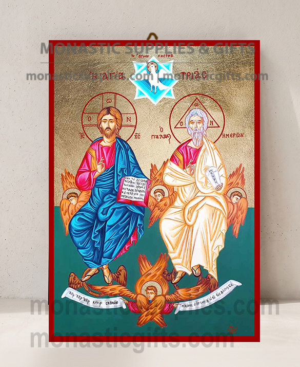 Handcrafted Orthodox gold leaf canvas icon of the Holy Trinity Hospitality of Abraham with Sarah and Abraham on solid wooden panel